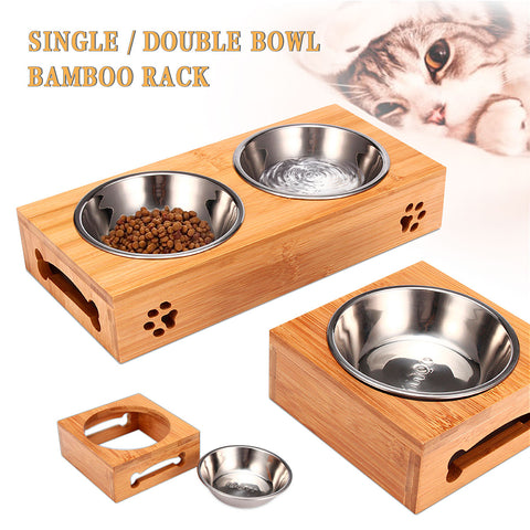 Image of Single & Double Pet Bowls in Bamboo Rack for Cats Dogs Pet Food Water Feeding