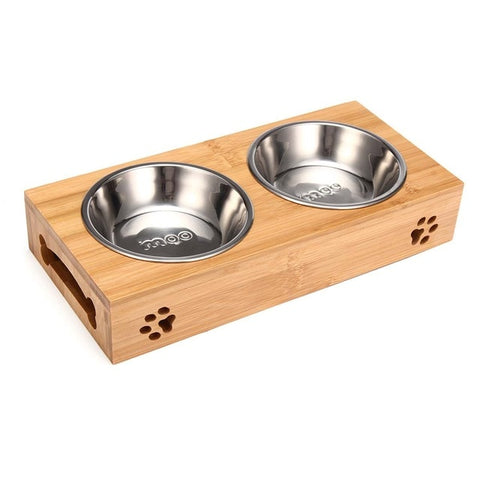 Image of Single & Double Pet Bowls in Bamboo Rack for Cats Dogs Pet Food Water Feeding