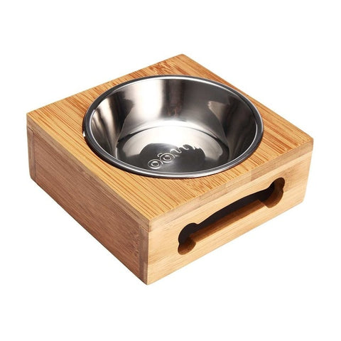 Image of Single & Double Pet Bowls in Bamboo Rack for Cats Dogs Pet Food Water Feeding
