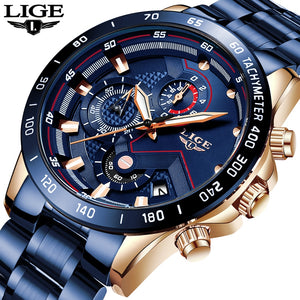 LIGE New Fashion Mens Watches with Stainless Steel Top Brand Luxury Sports Chronograph Quartz Watch for Men