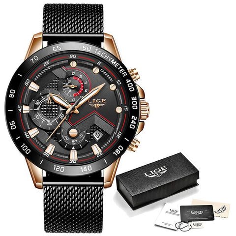 Image of LIGE New Fashion Mens Watches with Stainless Steel Top Brand Luxury Sports Chronograph Quartz Watch for Men