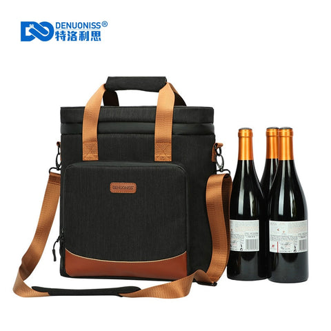 Image of Wine Cooling Bag 100% Leakproof Picnic Cooler Bag Vintage Leather Refrigerator Bag Portable Thermal Bag