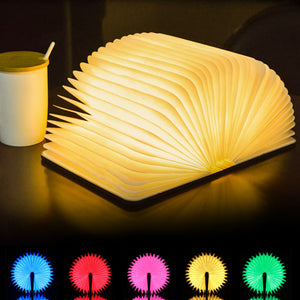 Folding LED Flip Book Portable Night Light/Lamp with Wooden Cover lights up in 5 Colors with USB Rechargeable Connection