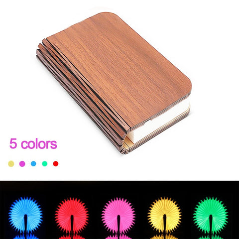 Image of Folding LED Flip Book Portable Night Light/Lamp with Wooden Cover lights up in 5 Colors with USB Rechargeable Connection